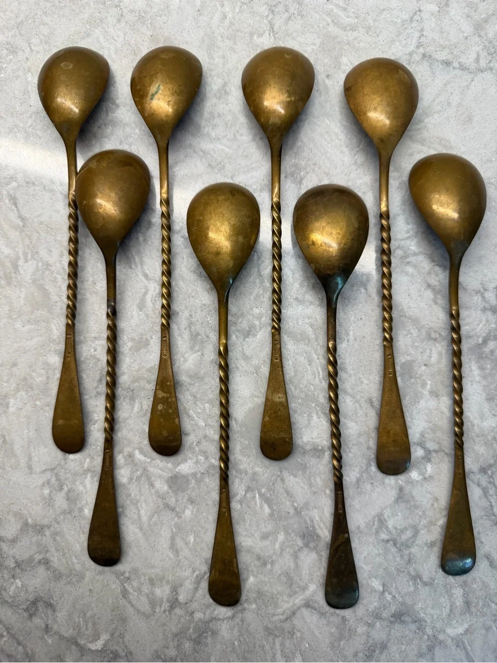 Waldo HE Brass Copper tone finish Cocktail Twist Spiral 8 Spoons Vintage Antique